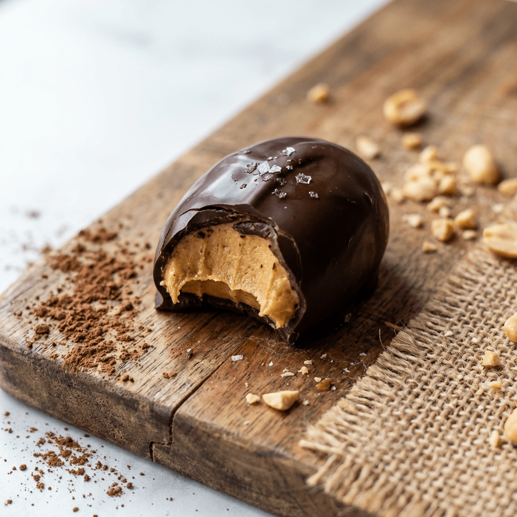 Dark chocolate truffle with a bite taken out revealing a creamy peanut butter center.
