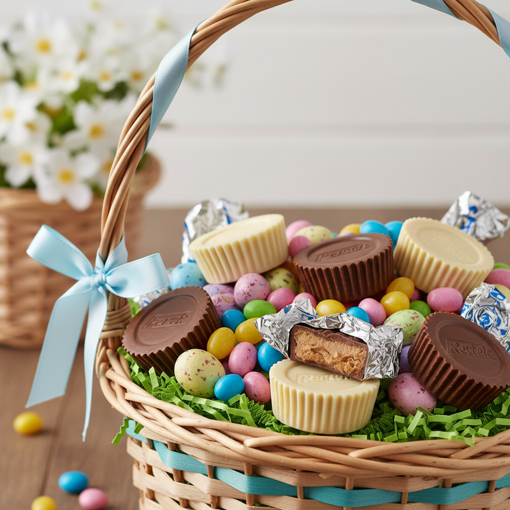Wicker basket filled with chocolate peanut butter cups and colorful pastel candy eggs.