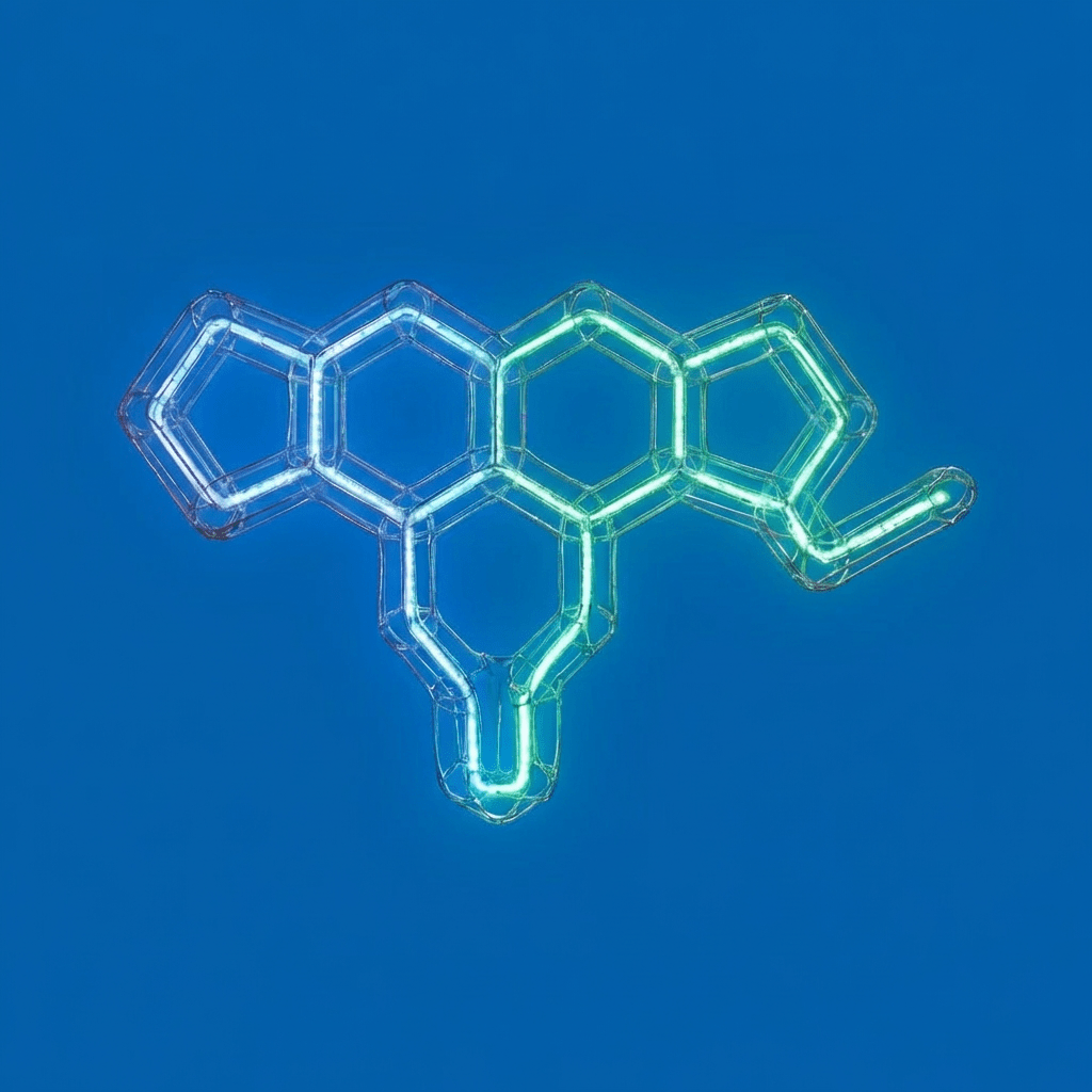 A neon-lit chemical molecular structure floating in a colorful cosmic nebula with stars and galaxies.