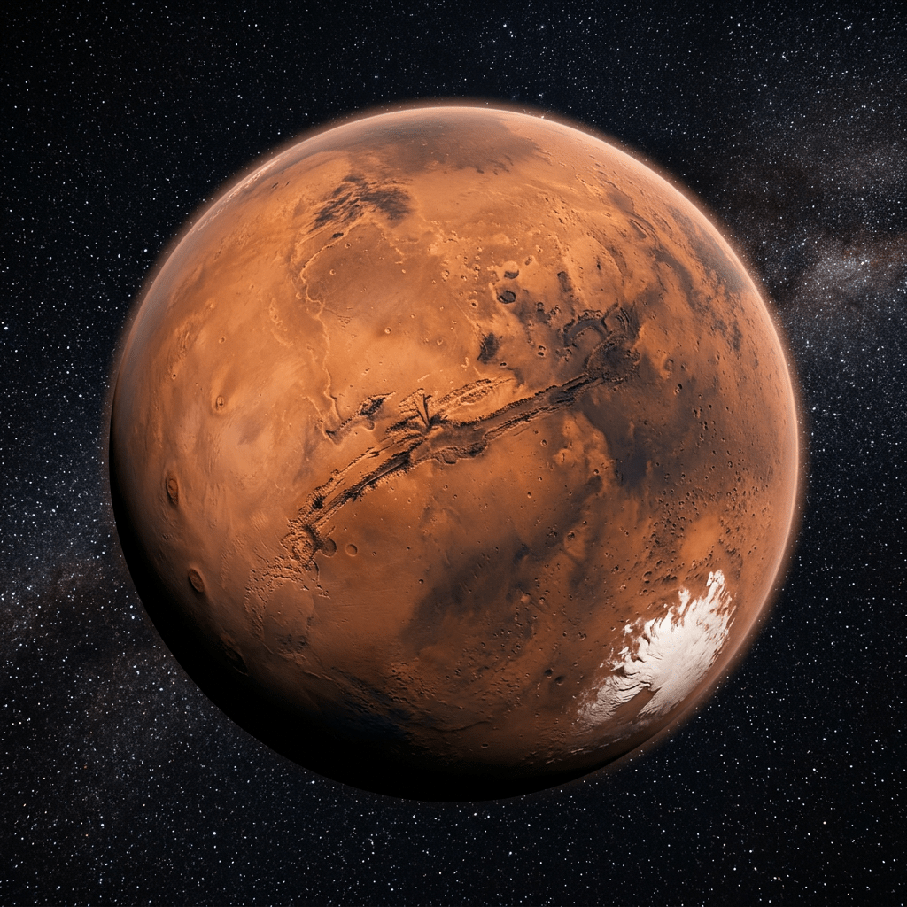 Mars planet with Valles Marineris canyon and southern polar ice cap visible