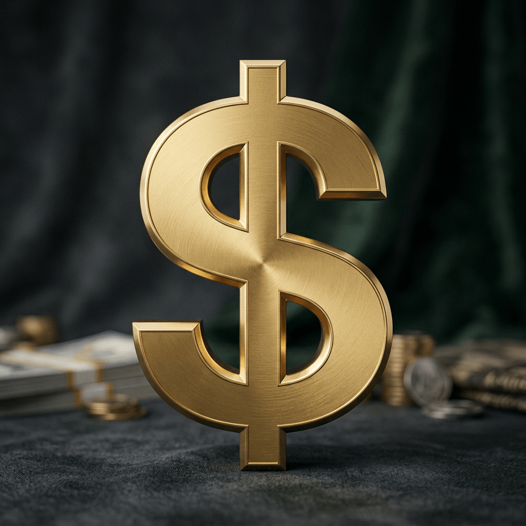 Shiny golden dollar sign with stacks of bills and coins behind