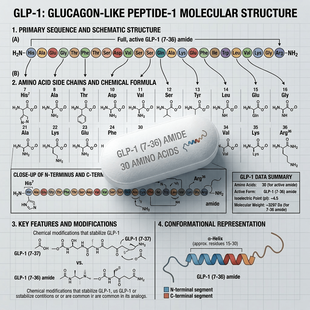 Diagram of GLP-1 (7-36) amide peptide showing amino acid sequence, side chains, chemical formulas, and α-helix structure