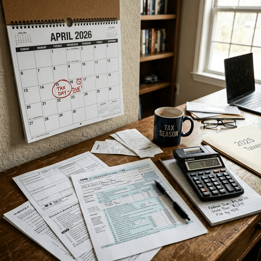 Tax documents, calculator, coffee mug labeled 'TAX SEASON', and April 2026 calendar showing Tax Day on the 15th.