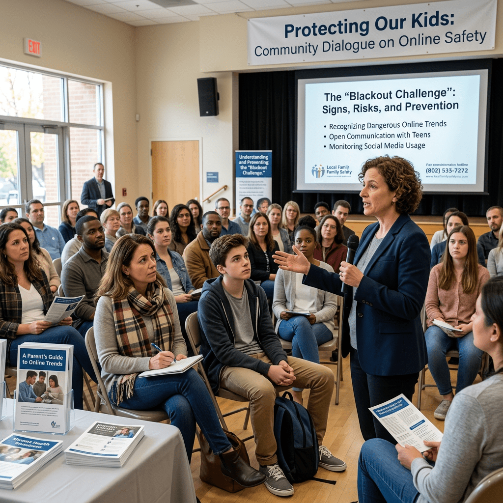 Speaker presenting to attentive diverse audience about online safety and 'Blackout Challenge' risks and prevention