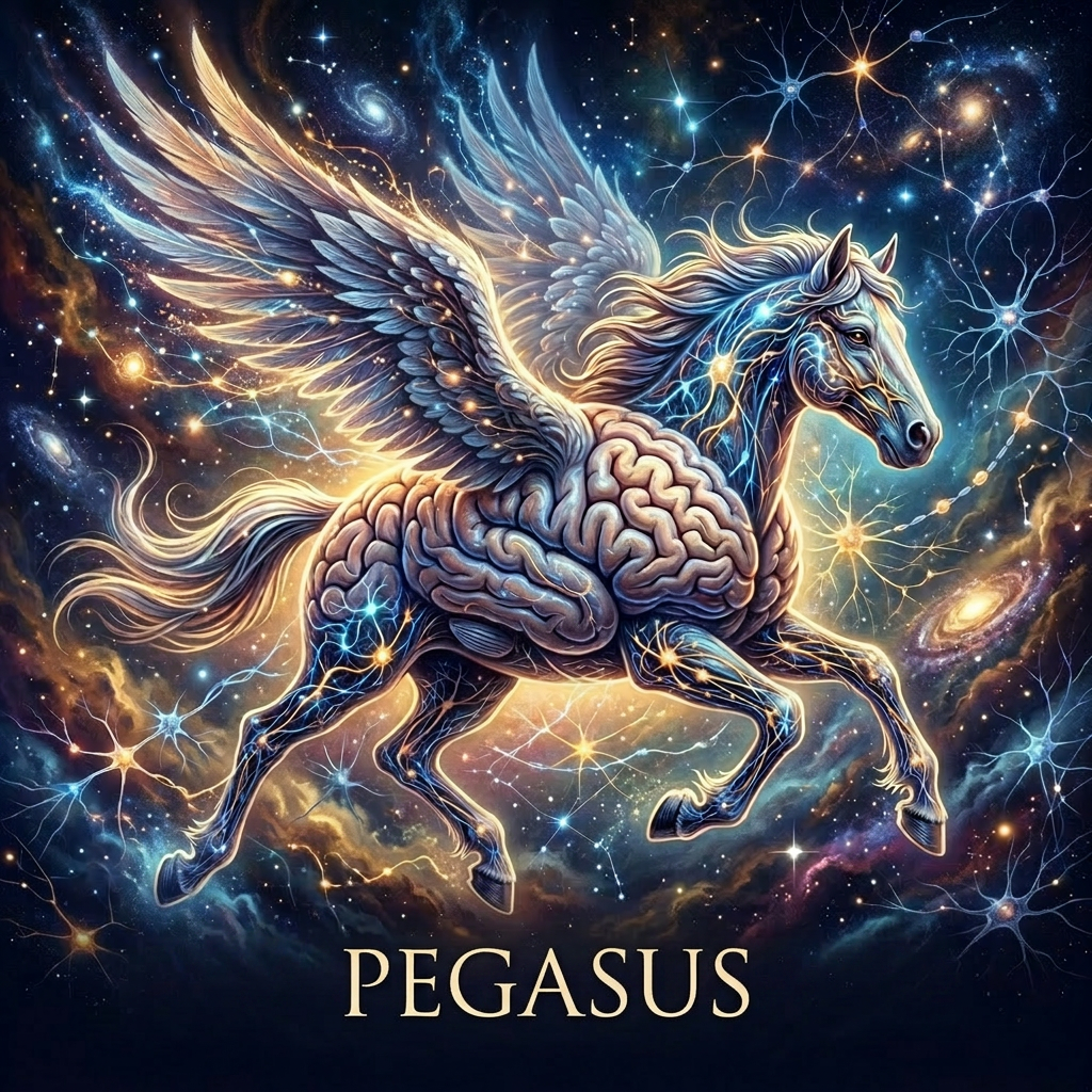 Winged horse merged with a glowing brain and neural patterns against a cosmic background