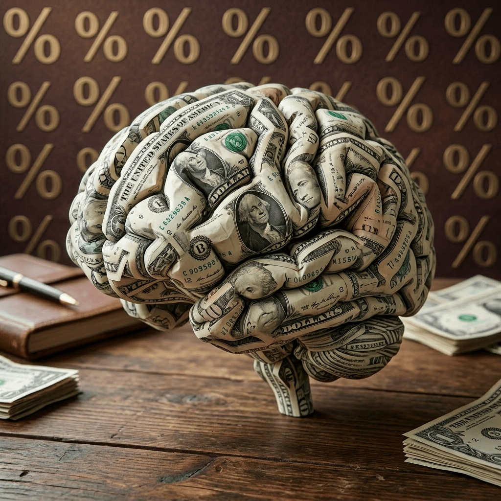 Model of a human brain made from folded US one-dollar bills on a wooden desk