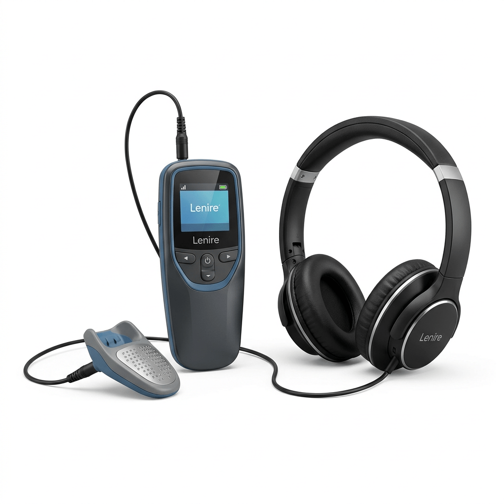 Lenire tinnitus therapy device with handheld control, headphones, and tongue stimulator