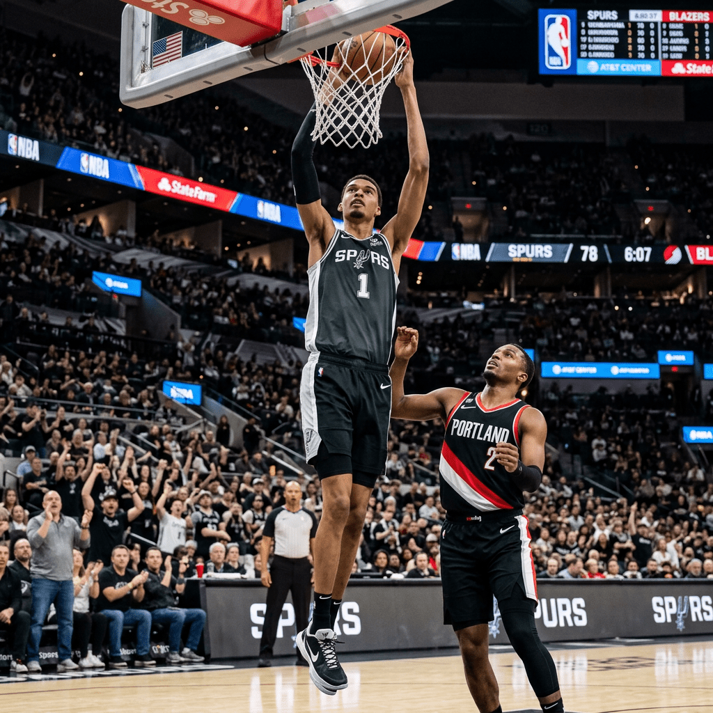 Spurs player making a layup shot over a Portland Trail Blazers defender in a crowded basketball arena