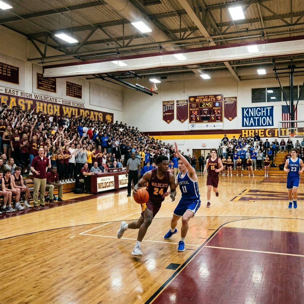 High school basketball players in action with one driving past defender near the basket