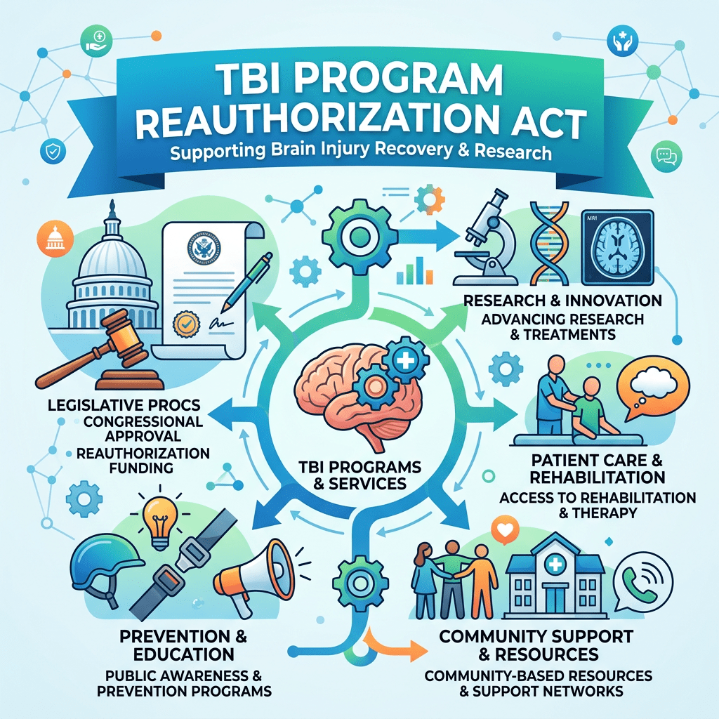 Infographic showing TBI programs and services including legislative process, research and innovation, patient care and rehabilitation, prevention and education, and community support and resources.