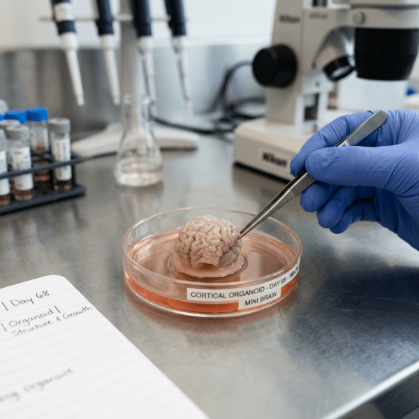 Gloved hand holding tweezers manipulating a miniature brain organoid in a petri dish on a lab bench