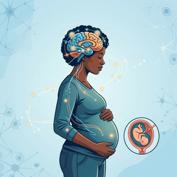 Diagram showing pregnant woman with brain regions labeled for hormone regulation, emotional processing, memory, planning, and neural plasticity, plus uterus and fetus.
