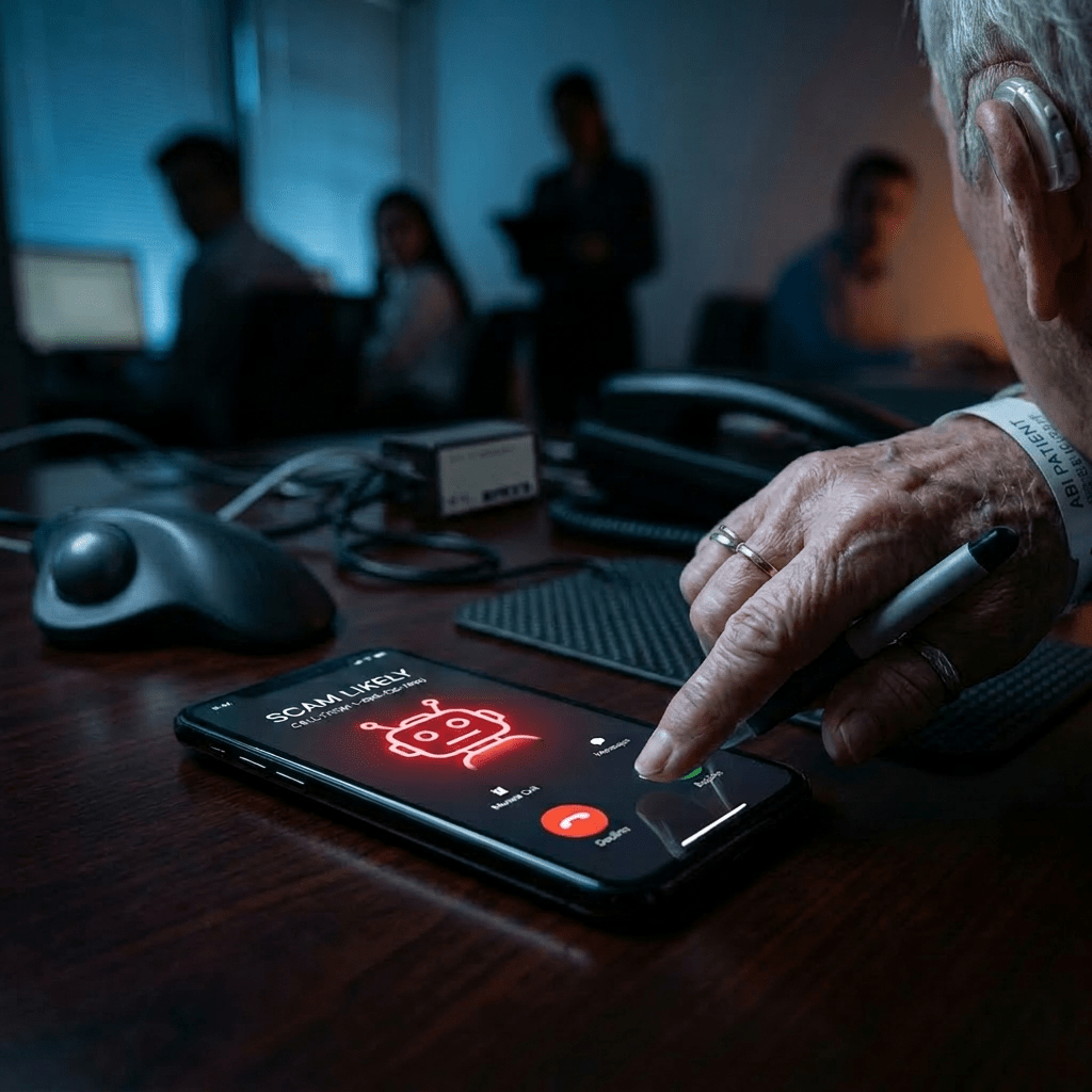 Smartphone screen displaying a scam likely call with decline button being pressed