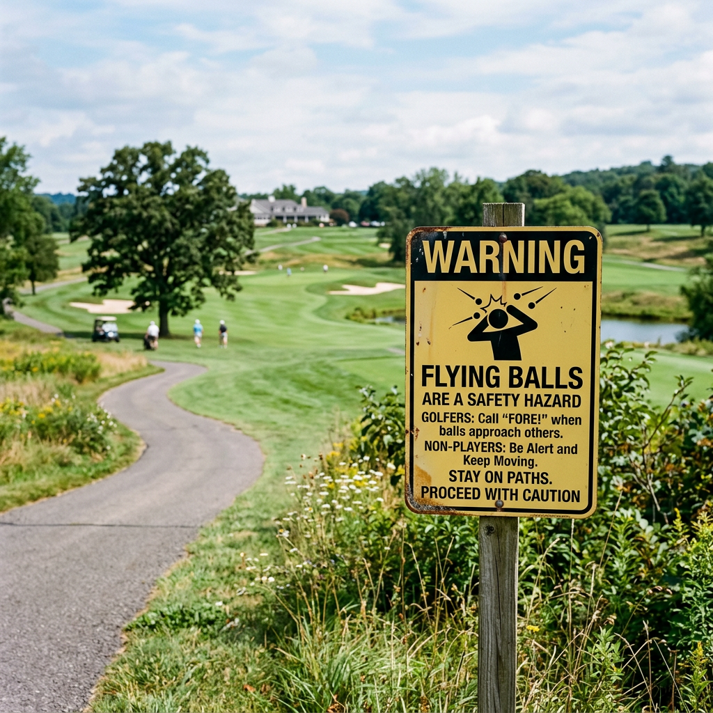 Warning sign about flying golf balls hazard on a golf course path