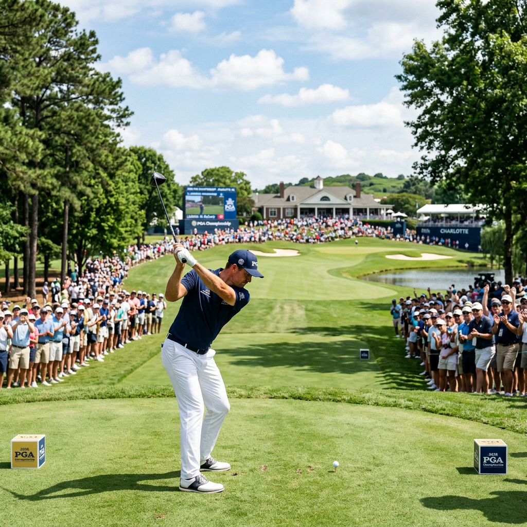 Golfer swinging club at tee during 2016 PGA Championship with crowd watching