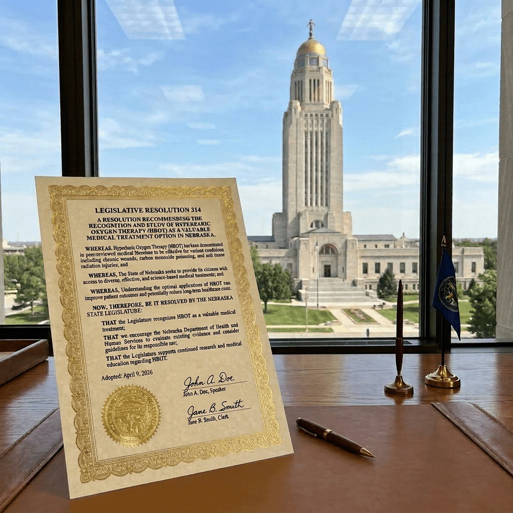 Legislative Resolution 314 on hyperbaric oxygen therapy with Nebraska Capitol building in background
