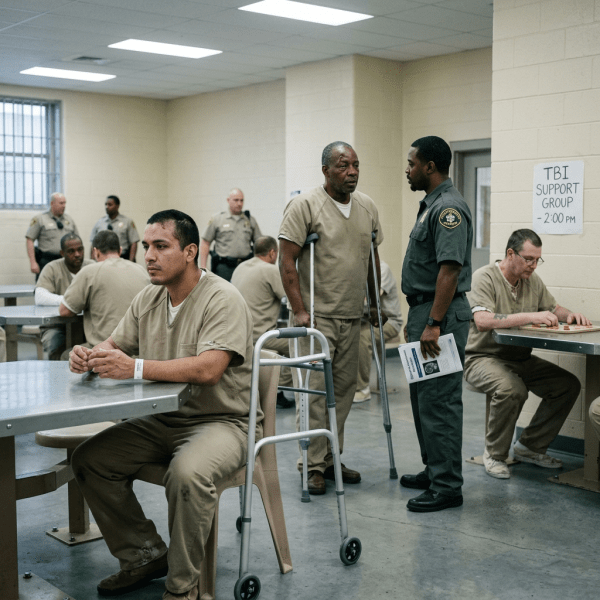 Inmates in prison uniforms in a common room with correctional officers and a sign reading 'TBI Support Group – 2:00 PM'