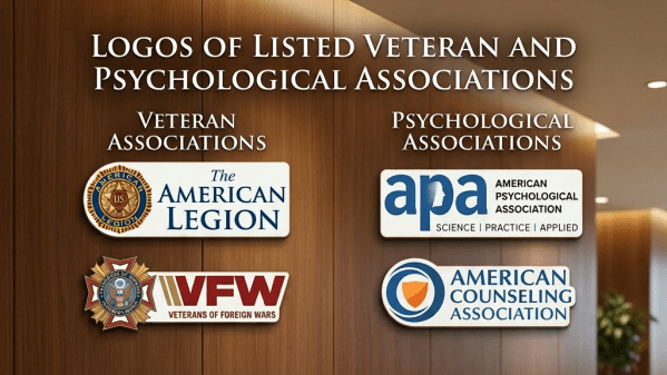 Logos of veteran associations and psychological associations side by side