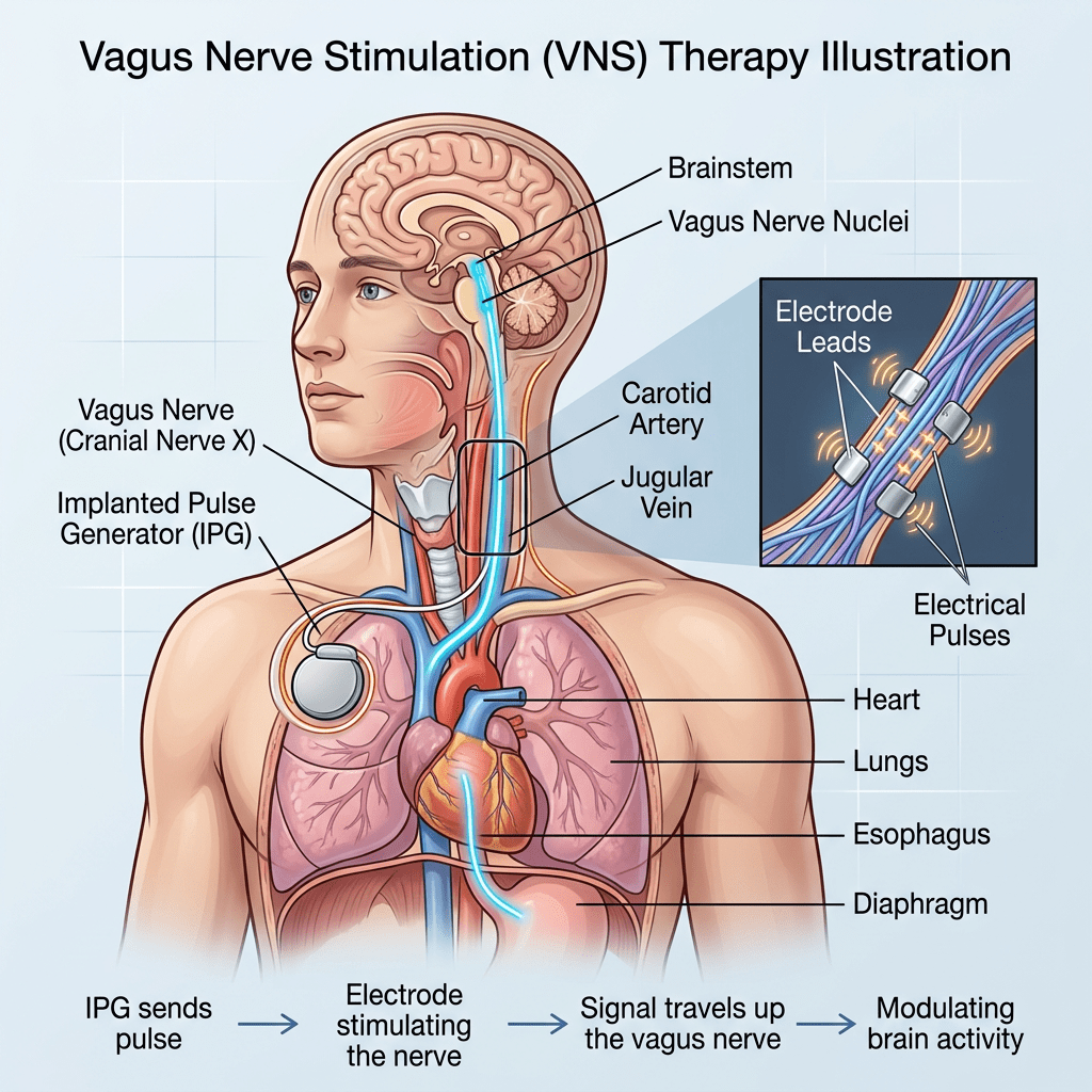 Diagram of vagus nerve stimulation therapy including brainstem, vagus nerve, implanted pulse generator, heart, lungs, esophagus, and diaphragm
