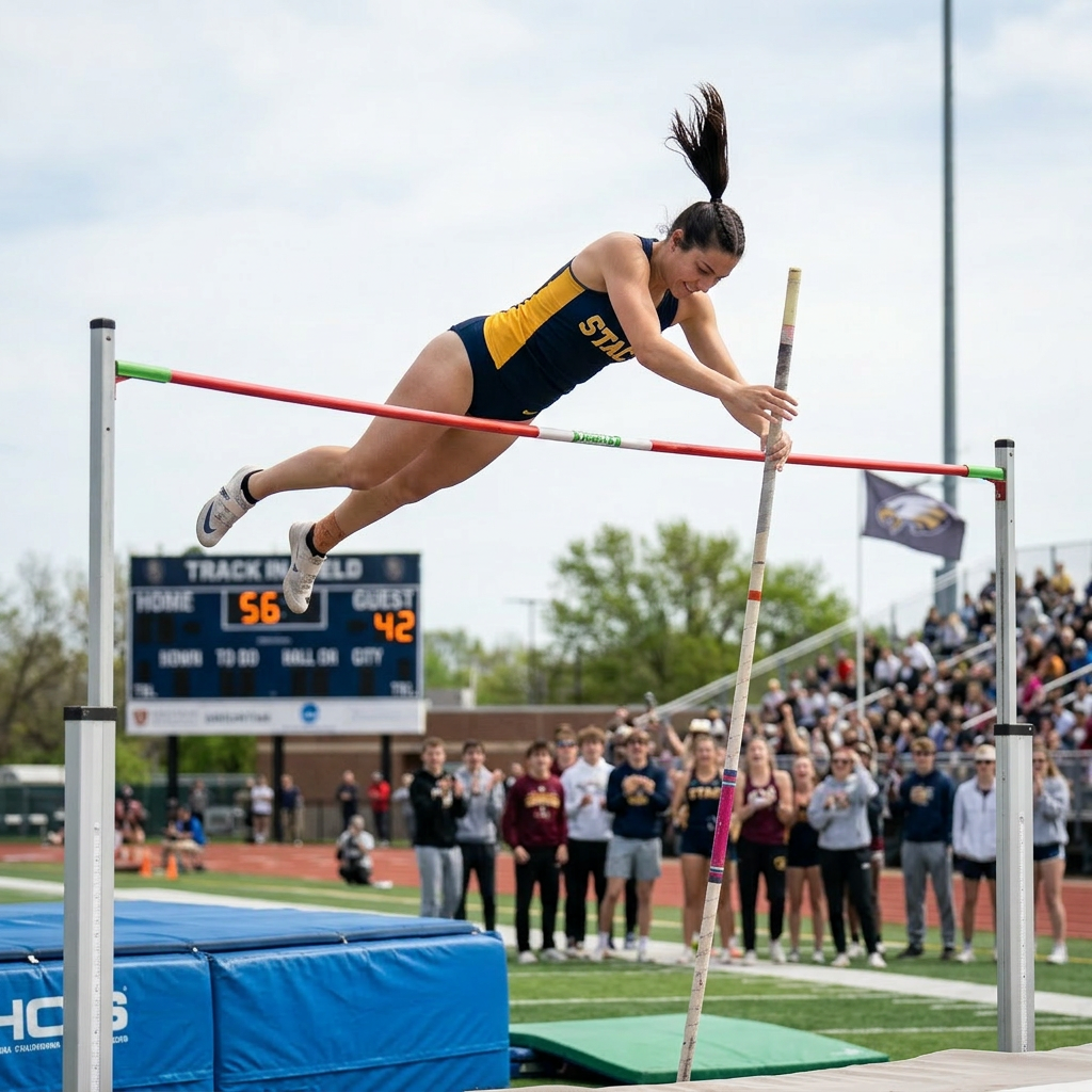 Female athlete in a blue and yellow uniform vaulting over a high bar with pole during a track and field event
