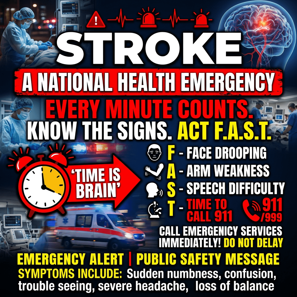 Stroke emergency awareness infographic with F.A.S.T. signs and emergency contact instructions