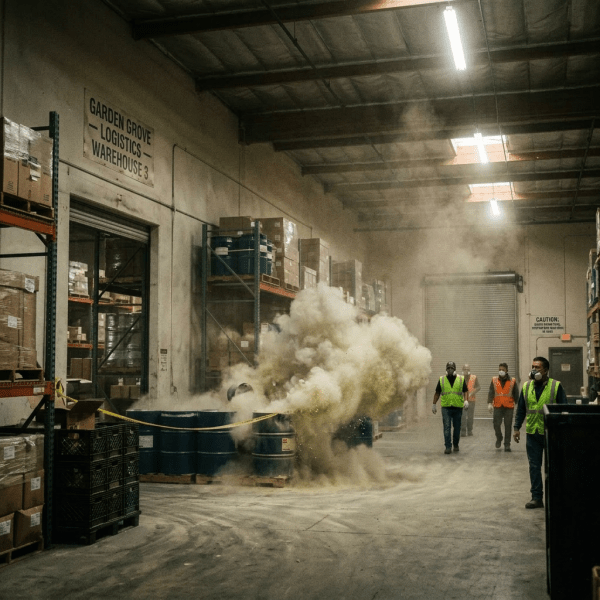 Workers in high-visibility vests wearing masks walking in a dusty warehouse near caution-taped barrels