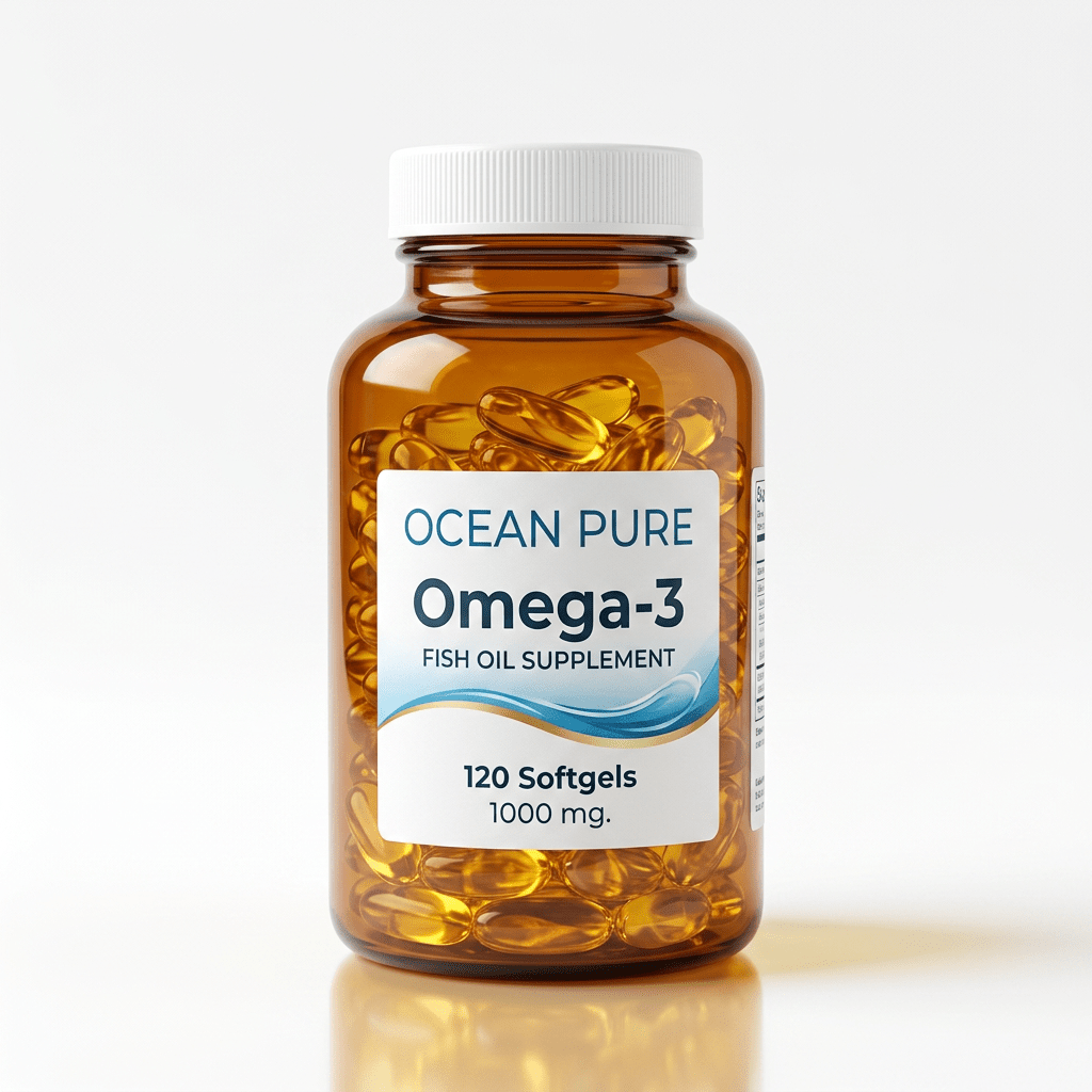 Amber bottle containing 120 Omega-3 fish oil softgels with white cap