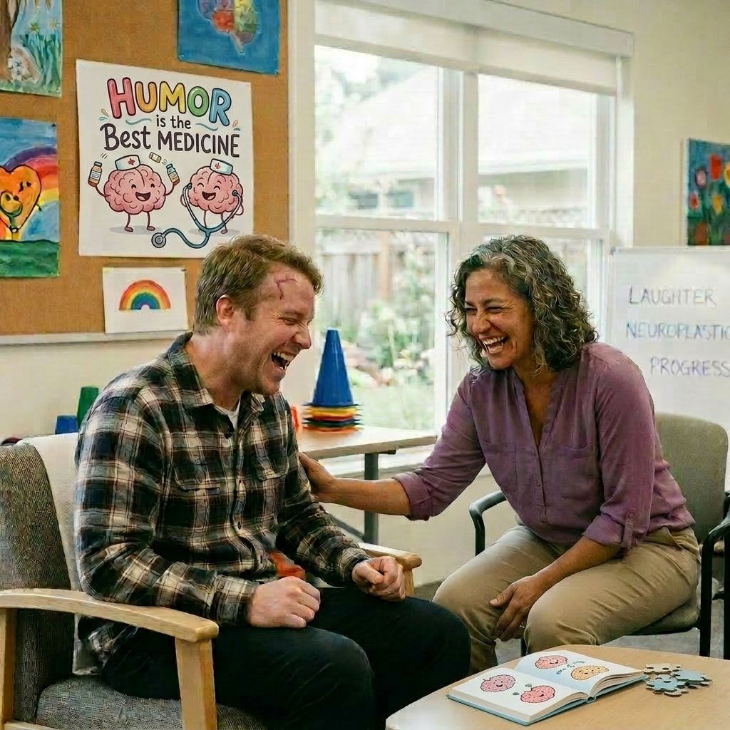 Man and woman laughing with a therapy dog wearing a Doctor Bark vest