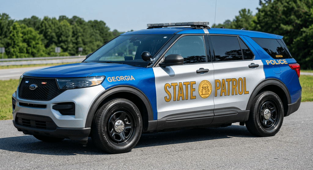 Georgia State Patrol police SUV with blue and silver color scheme and state insignia