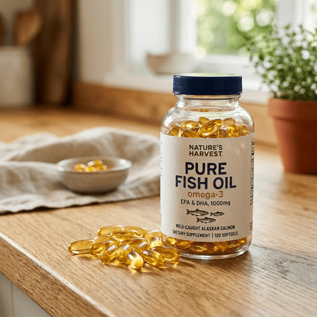 Bottle of Nature's Harvest Pure Omega-3 fish oil softgels with some capsules spilled on the counter