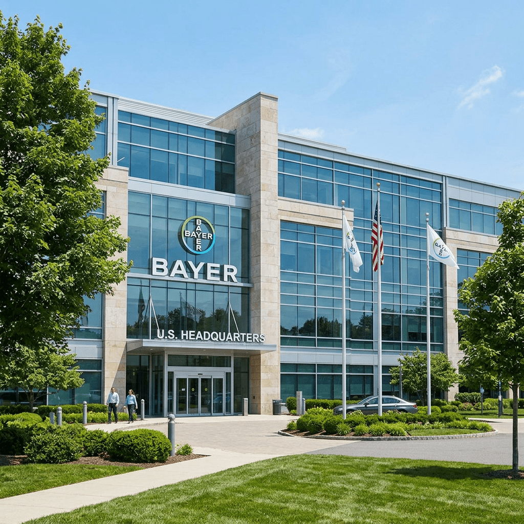 Modern Bayer U.S. headquarters building with glass windows and flags outside