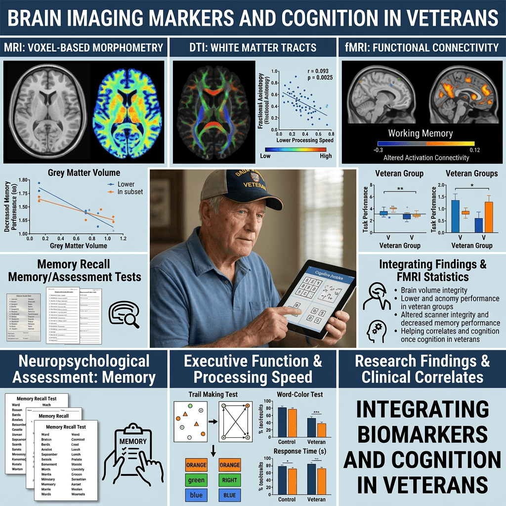 Brain imaging results and cognitive test data assessing memory and executive function in veterans