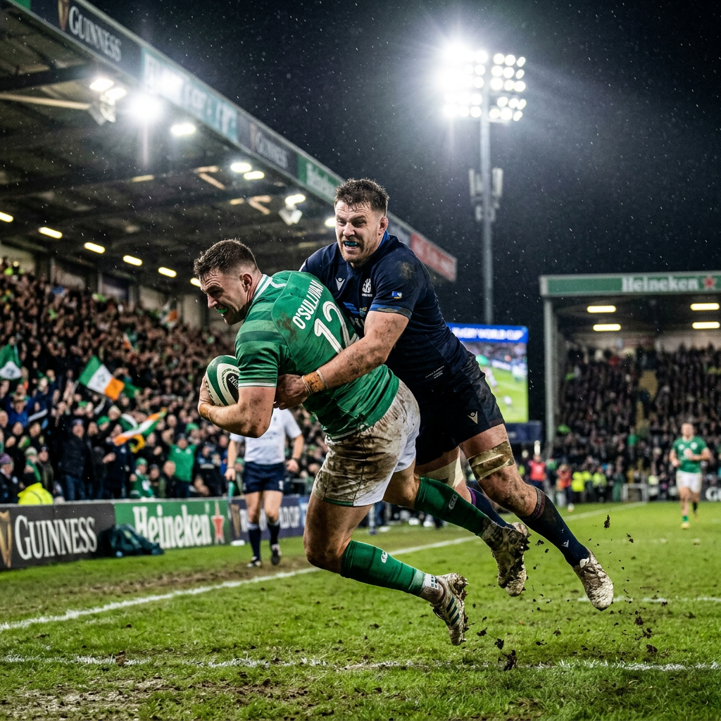 Irish rugby player O'Sullivan holding ball and scoring while tackled by a Scottish player in muddy conditions