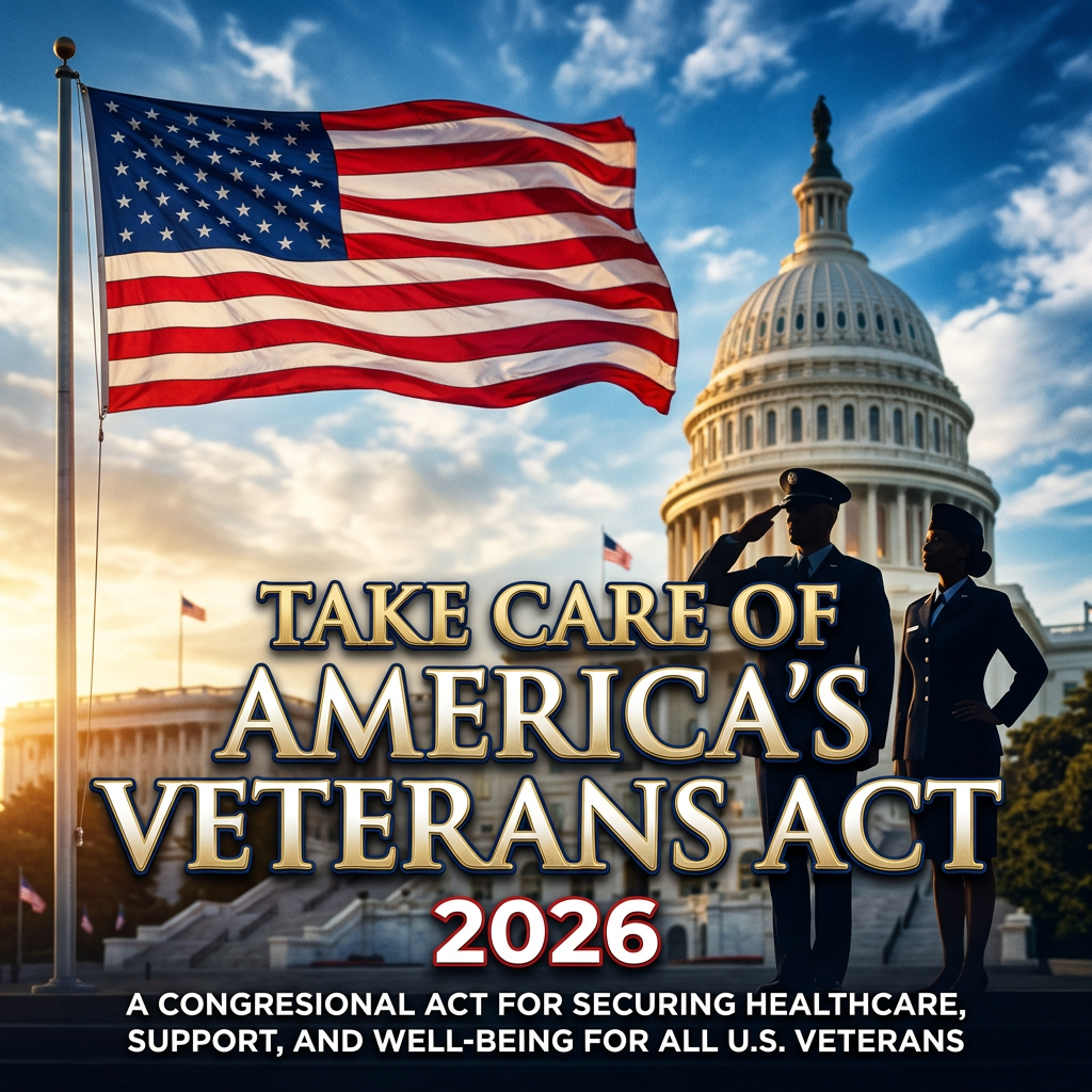 U.S. flag waving with Capitol building and two military personnel silhouette, text about Veterans Act 2026