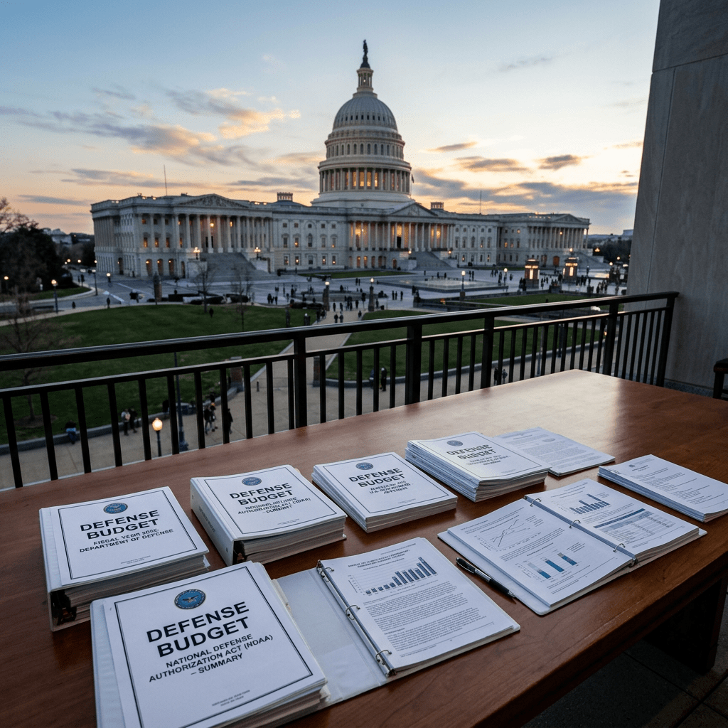 Stacks of defense budget documents laid out on a table with the U.S. Capitol building in the background at dusk