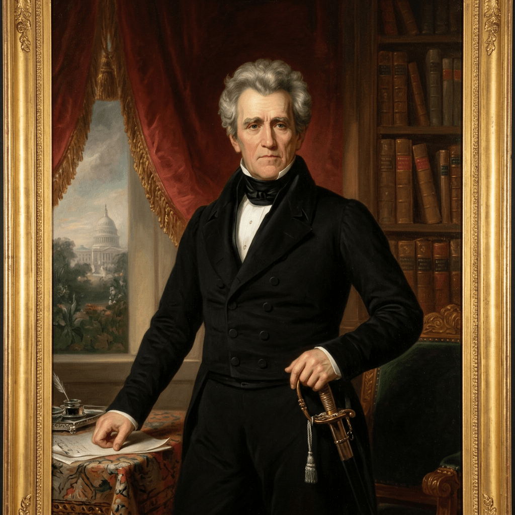 Portrait of a 19th-century man in black suit holding a sword with U.S. Capitol visible through window