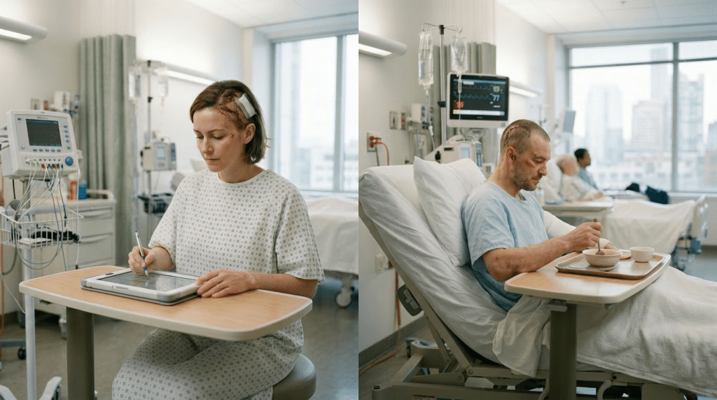 Male patient with head injury eating with visitor and female patient with head injury writing