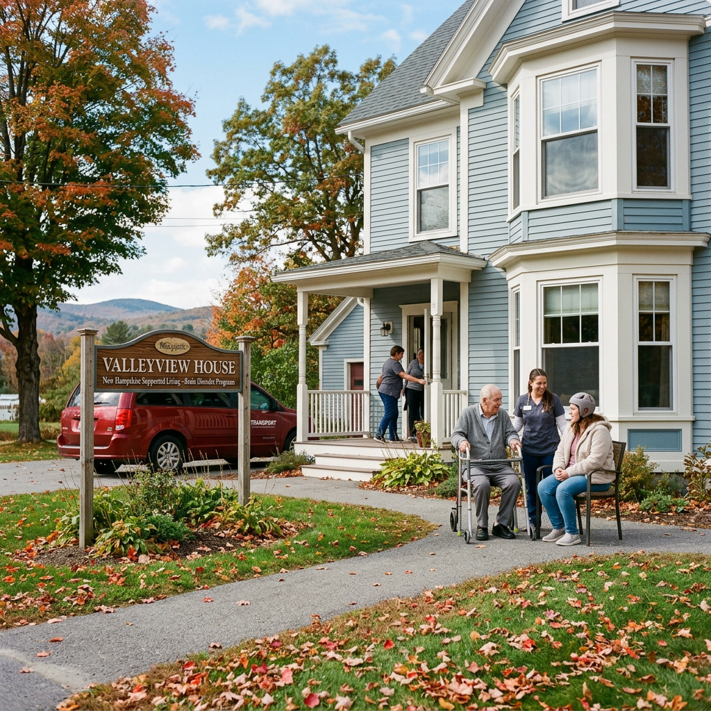 Elderly man with walker, young woman wearing helmet, and caregiver talking outside a blue assisted living home