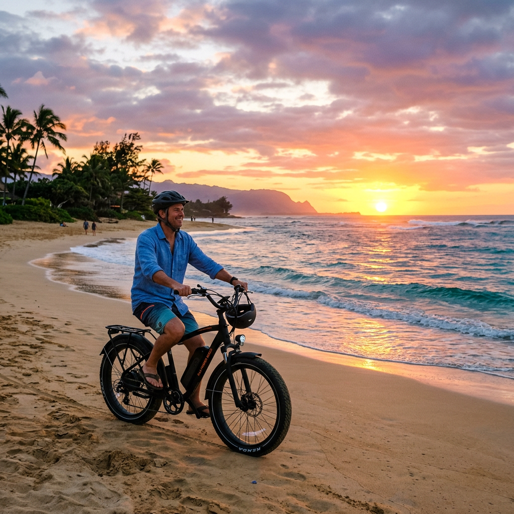Man riding a bicycle on the sandy beach during sunset