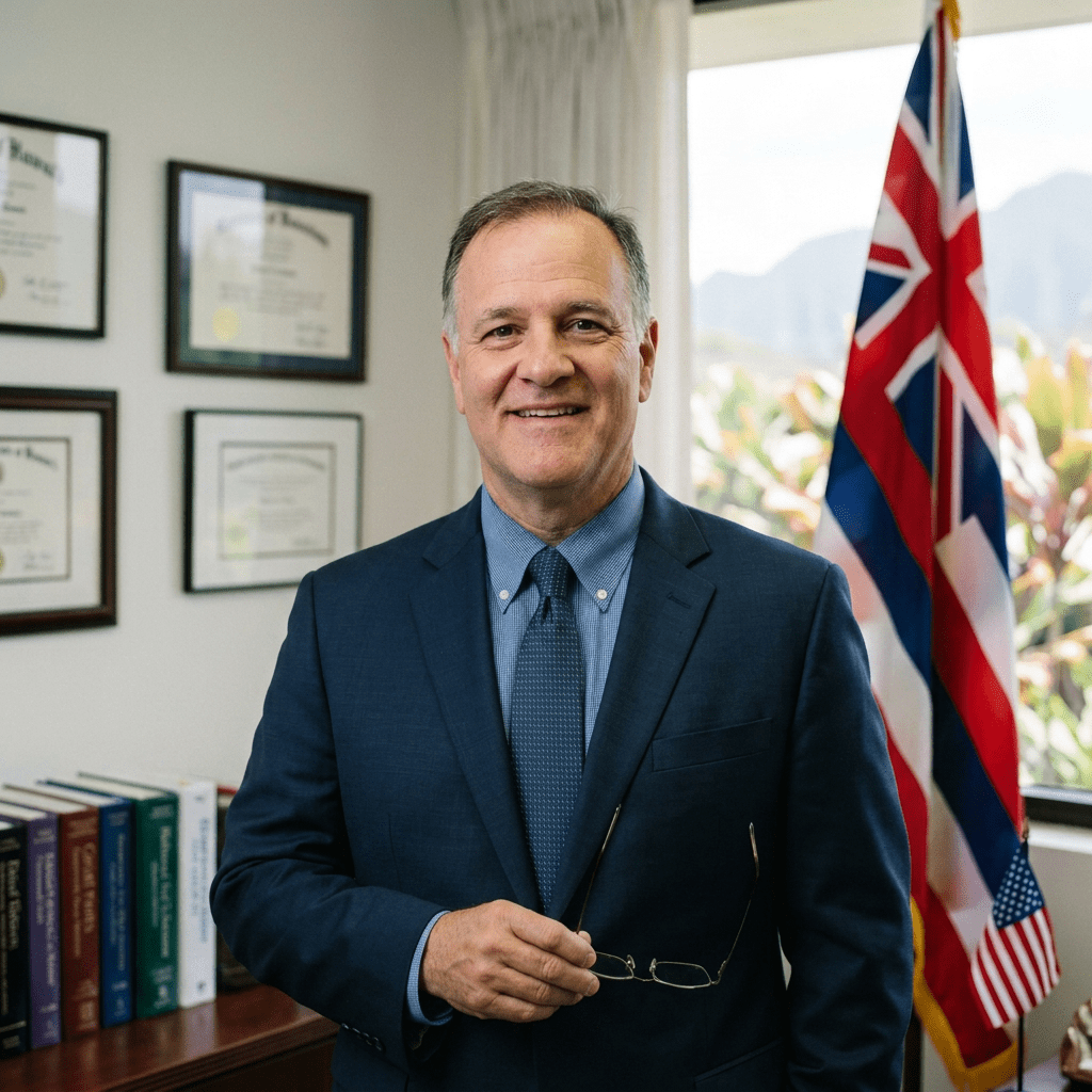 Dr. Josh Green in white coat with stethoscope in office and Hawaiian flag