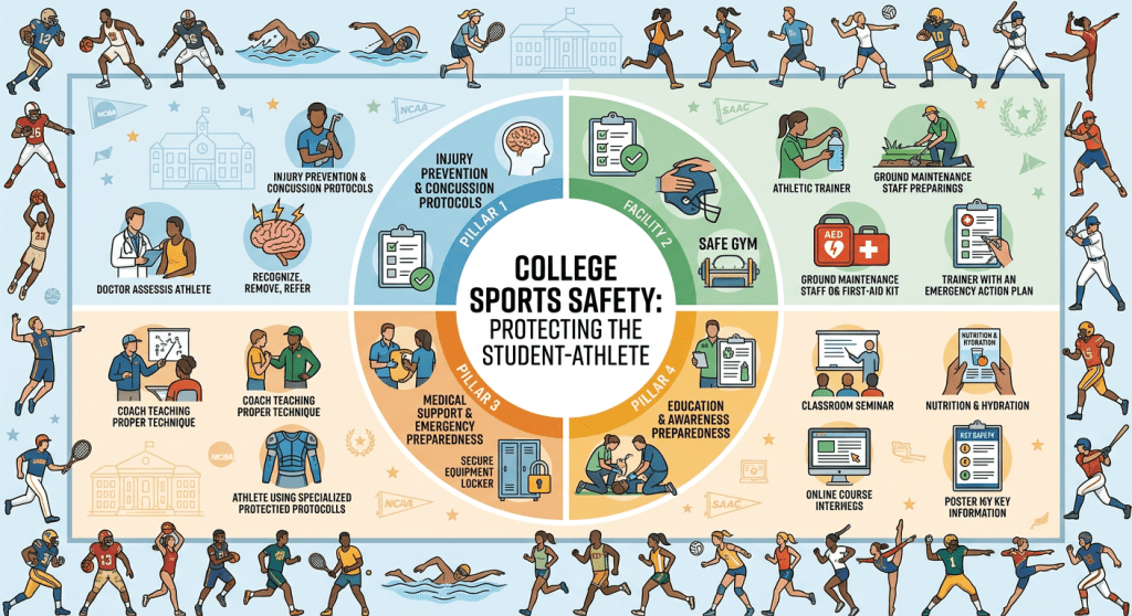Infographic showing four pillars of college sports safety: injury prevention, facility safety, medical support, and education preparedness.