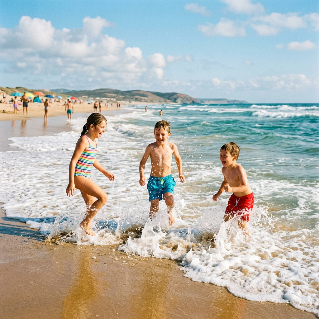 Three children playing and splashing in ocean waves at the beach