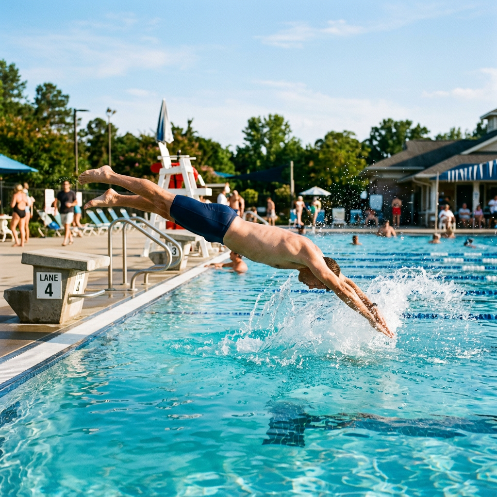 Swimmer diving into outdoor pool lane 4 with splash