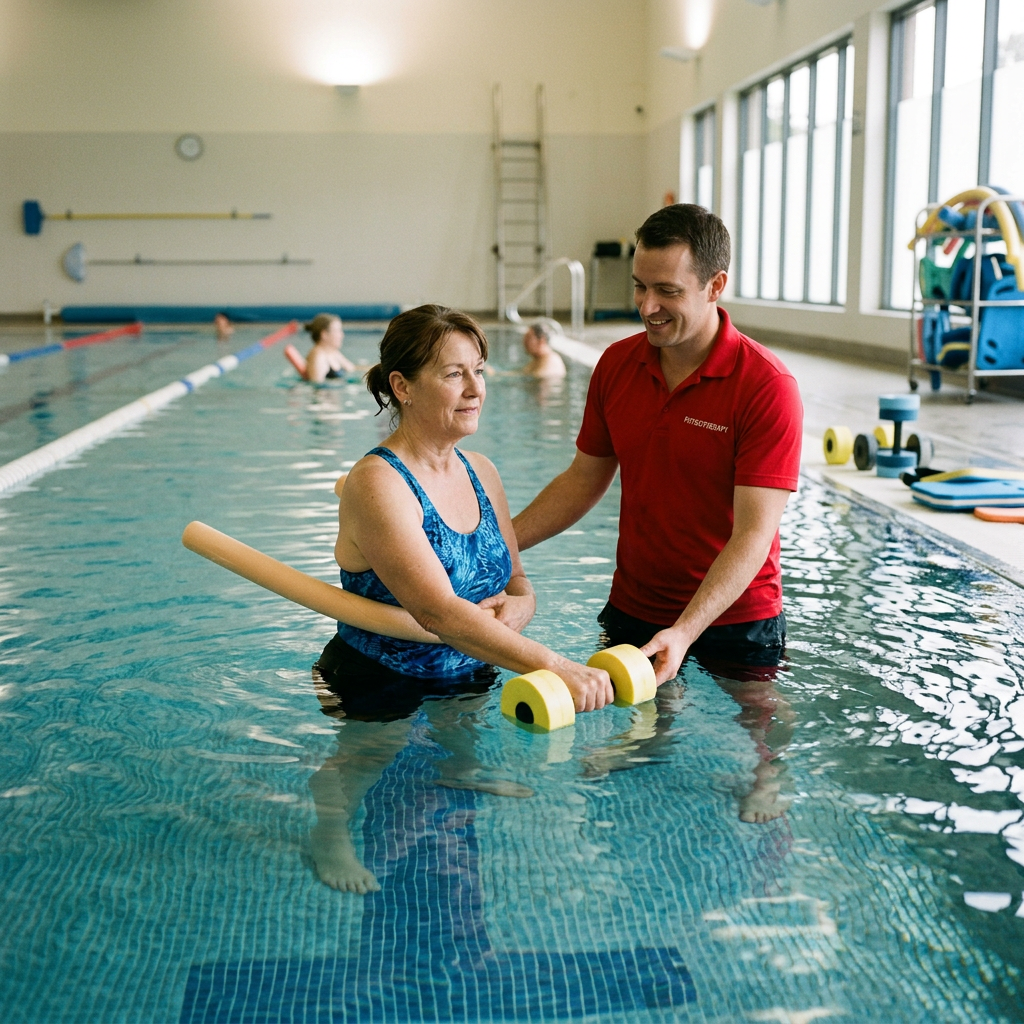 Woman performing water exercise with therapist assistance in swimming pool