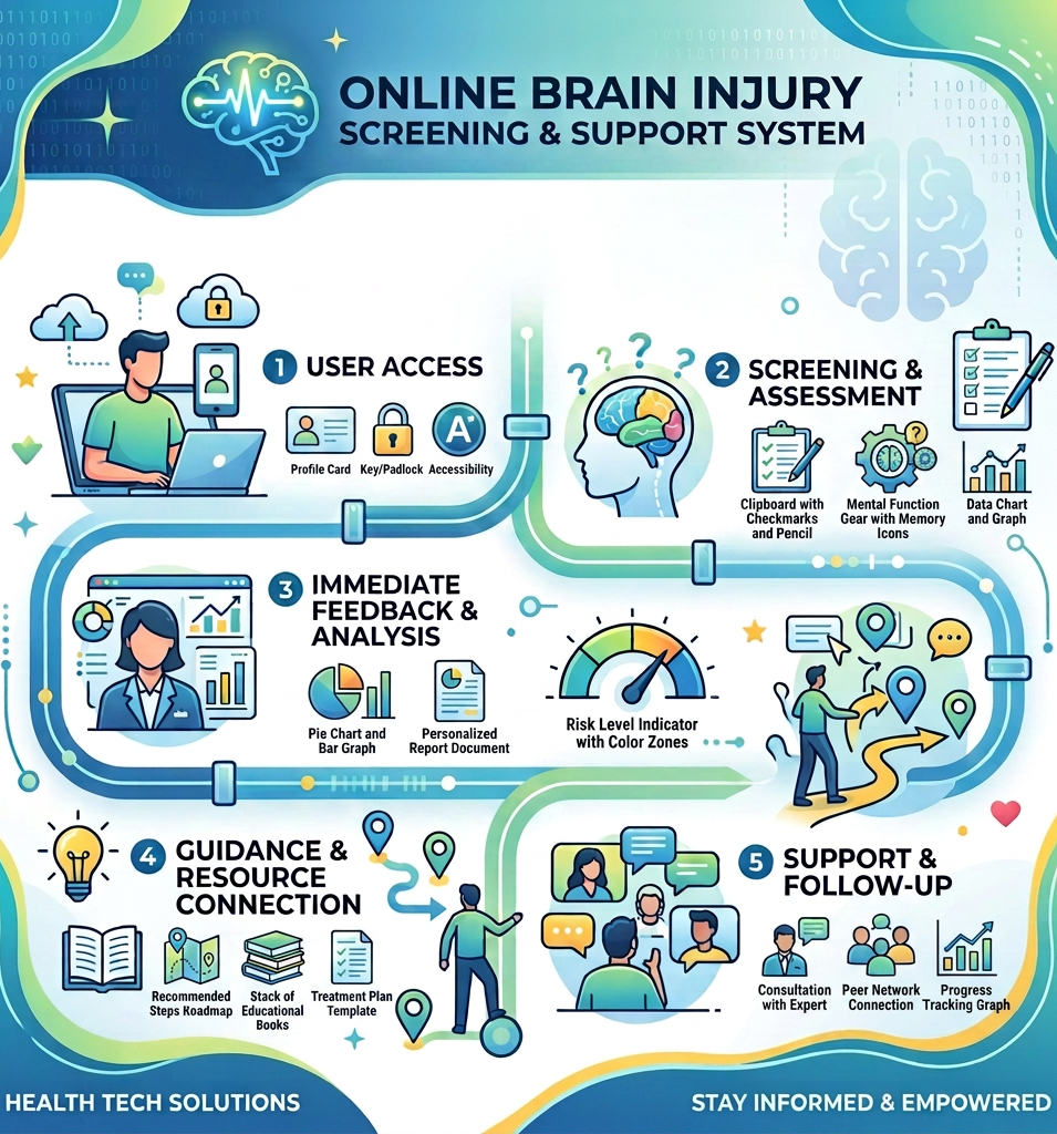 Diagram of OBISSS online brain injury screening and support system with five steps