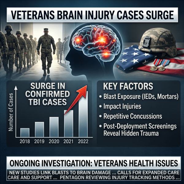 Graph showing surge in confirmed veterans brain injury cases from 2018 to 2022 with key contributing factors