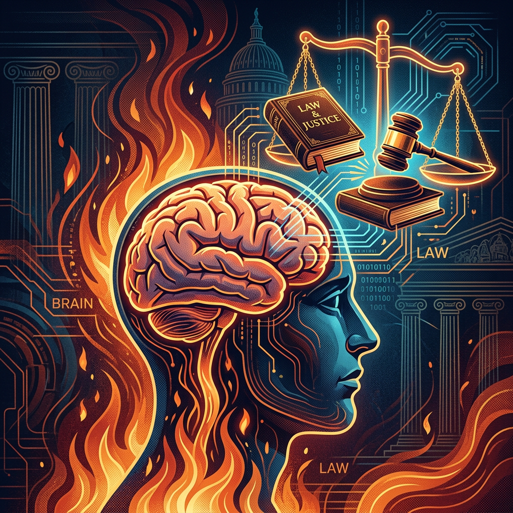 Profile of a human head with a detailed brain illustration and legal symbols including a gavel, scales, and law book.