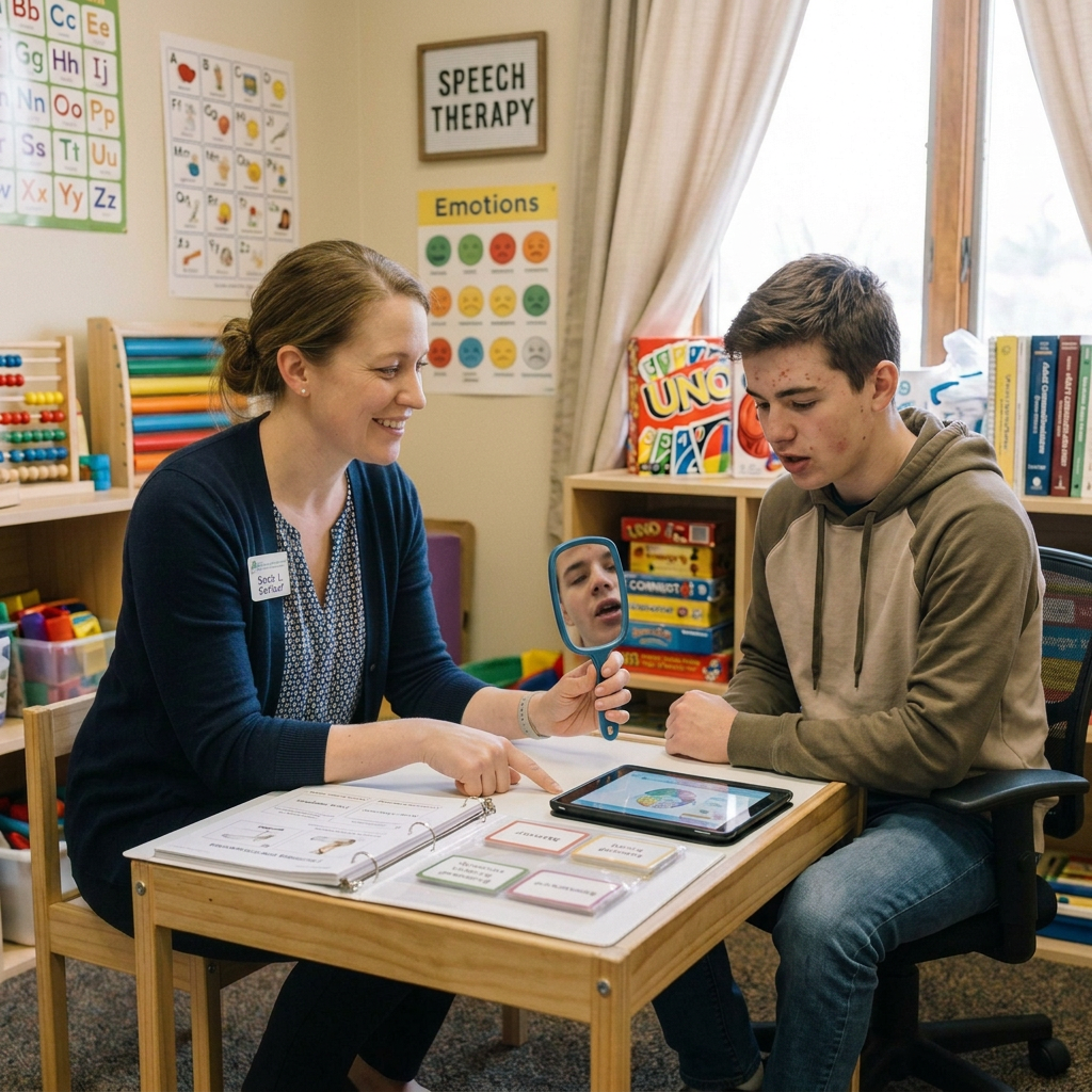 Speech therapist pointing at speech sound cards while boy looks and practices using a mirror