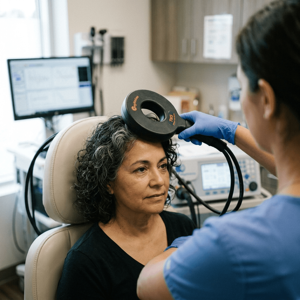 Healthcare professional applying a transcranial magnetic stimulation device to a patient's head in a clinical setting