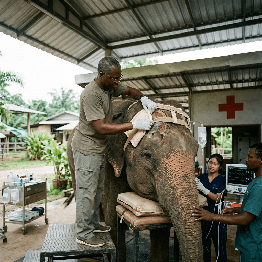 Veterinarians caring for an elephant with head injury under shelter